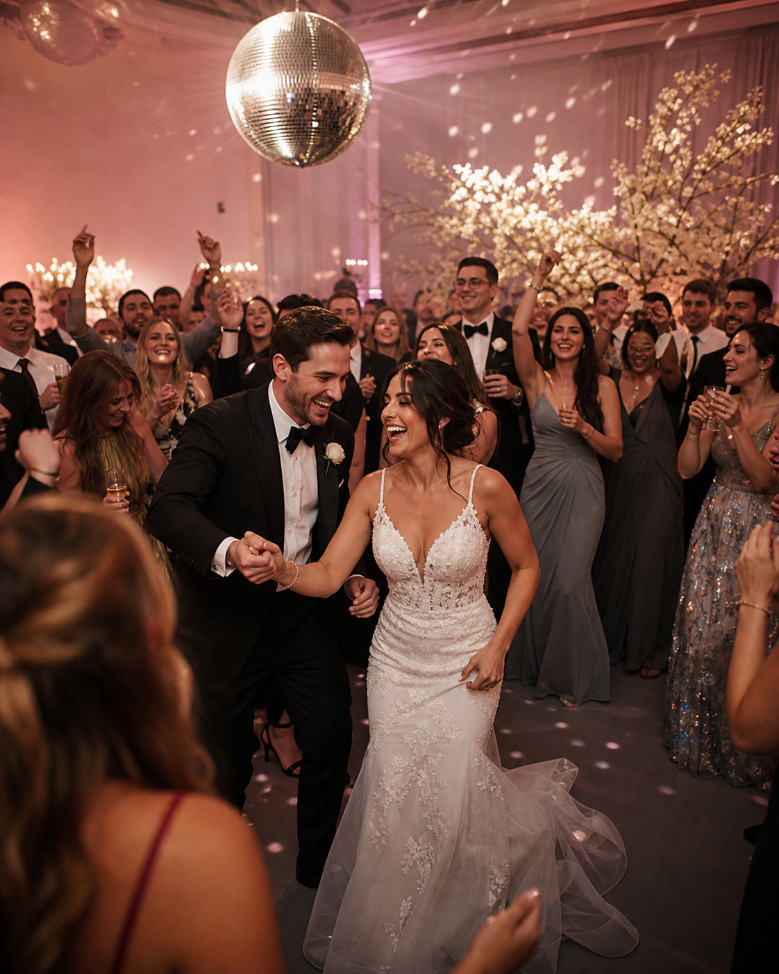 A newlywed couple dancing with a full dance floor around them